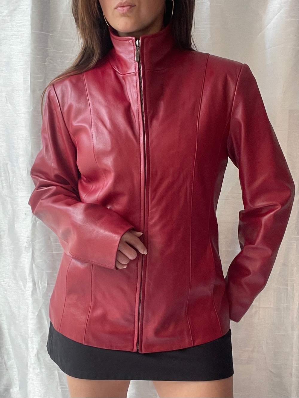 Vintage Red Leather Jacket Women Small Genuine Moto Full Zip Mock Neck Biker Y2K